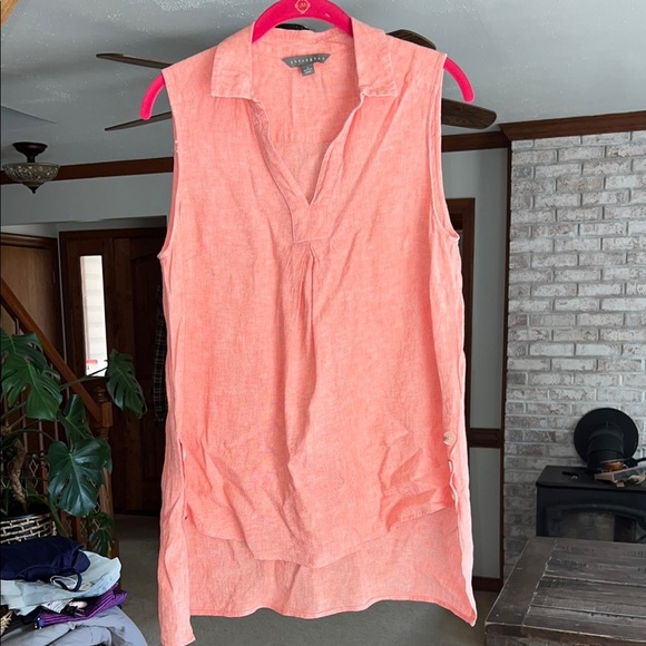Sharagano Medium Coral Sleeveless Hi Low Linen Blend Top - Picture 1 of 9